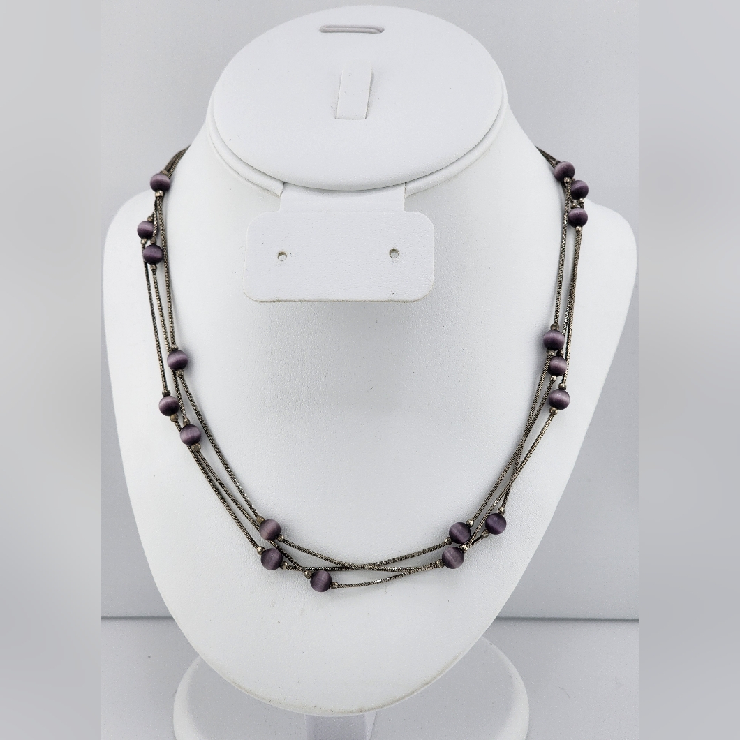 Avenue Purple Beaded Triple Strand Silver Tone Necklace 18$